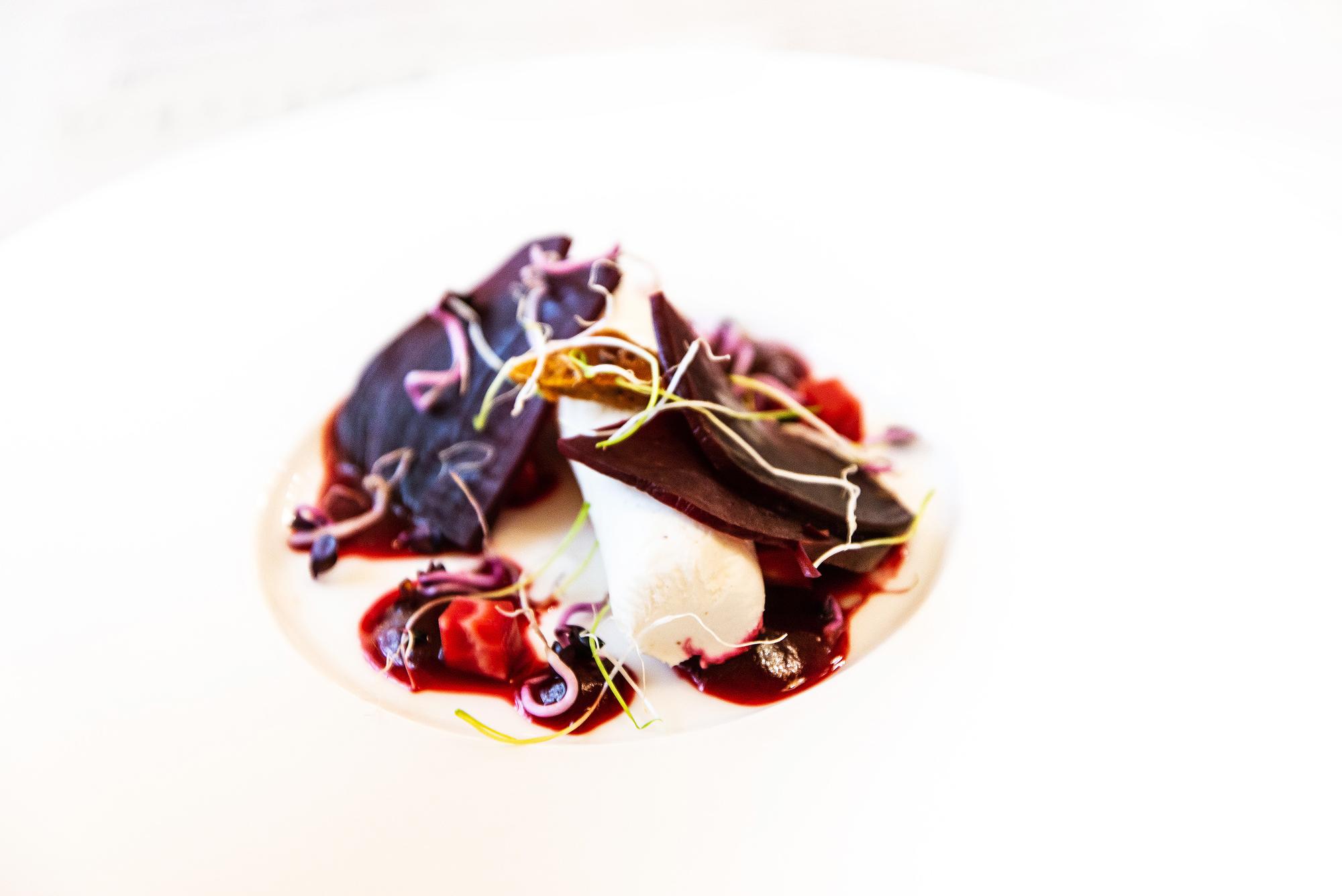 close up plated test dish with garnishes