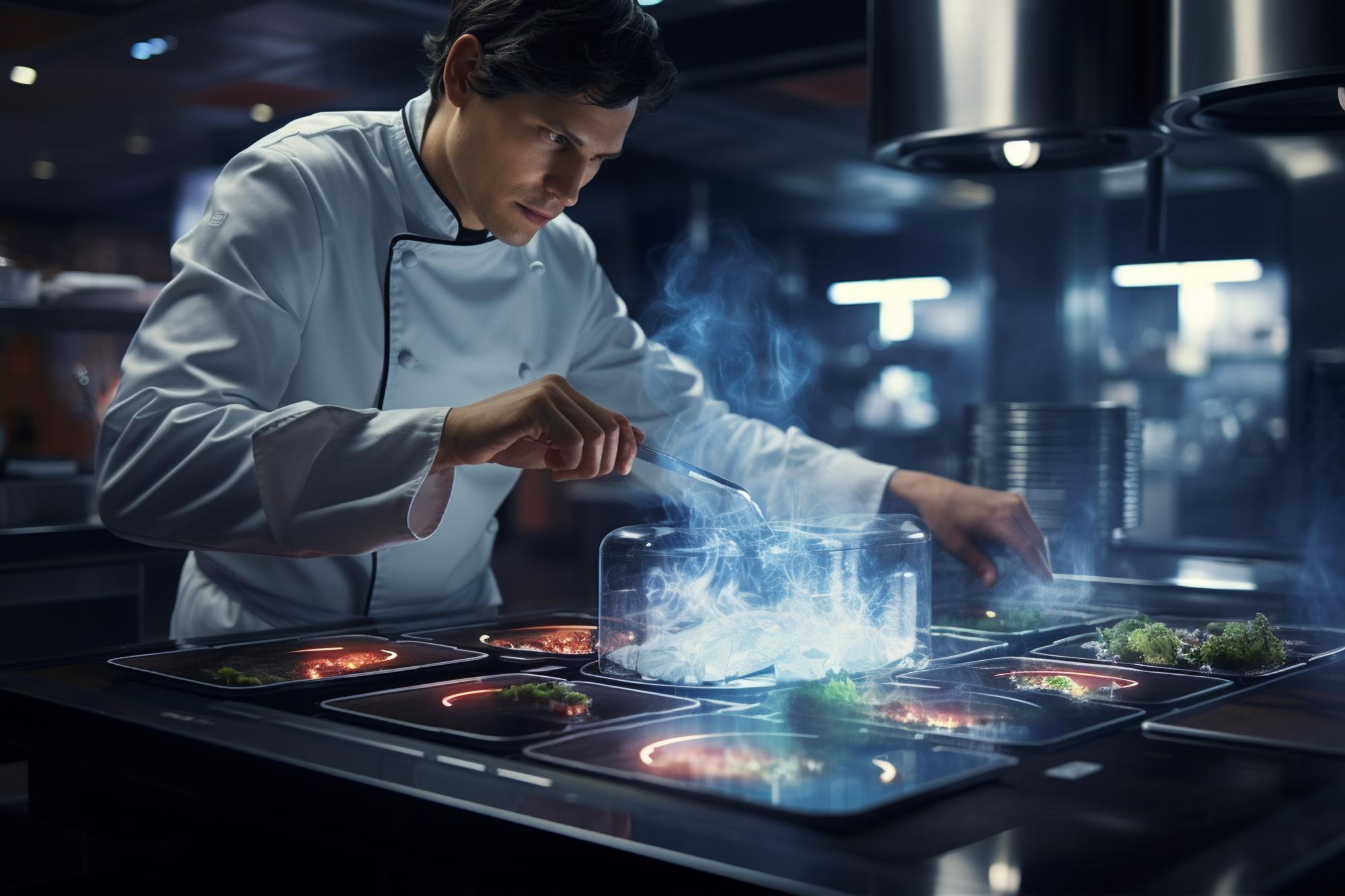 chef using smart kitchen device and plated dish
